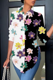 Casual Flowers Print Turndown Collar Long Sleeve Vacation Side Slit Shirt