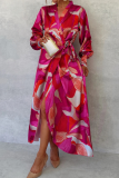 Sexy Celebrities Floral Print Lace Up V Neck Long Sleeve Front Tie Cinch Waist Vacation A Line Maxi Shirt Dresses