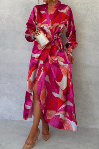 Sexy Celebrities Floral Print Lace Up V Neck Long Sleeve Front Tie Cinch Waist Vacation A Line Maxi Shirt Dresses