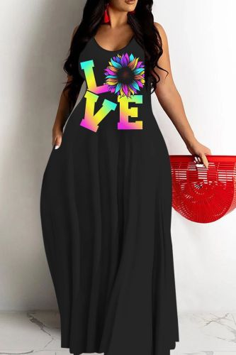 Sexy Graphics Print Backless Spaghetti Strap Floor Length Baggy Vacation Maxi Slip Dresses