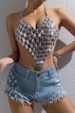Sexy Club Diamond Chain Backless V Neck Spaghetti Strap Hollow Out Irregular Halter Tops