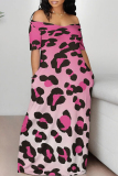 Casual Leopard Print Off Shoulder Short Sleeve Baggy Vacation Maxi T-shirt Dresses
