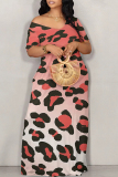 Casual Leopard Print Off Shoulder Short Sleeve Baggy Vacation Maxi T-shirt Dresses