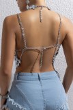 Sexy Club Diamond Decor Backless Spaghetti Strap Hollow Out Chains Cami Crop Tops