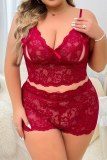Sexy Lace Flower Print Backless Spaghetti Stra Hollow Out See-Through Plus Size Two Pieces Lingerie