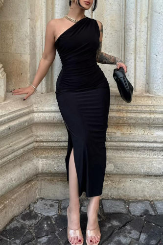 Sexy Oblique Collar Sleeveless Side Slit One Step Skirt Slit Formal Party Evening Bodycon Midi Dresses