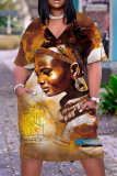 Casual Figure Print V Neck Short Sleeve Pockets Loose T-shirt Dresses
