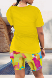 Casual Letter Gradient Print O Neck Short Sleeve Oversize T-shirt And Shorts Two Pieces Shorts Sets