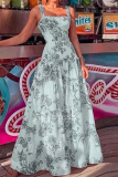 Casual Floral Print Square Neck Sleeveless Cinch Waist Ruffle Tiered Hem Vacation A Line Maxi Slip Dresses