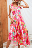 Sexy Floral Print Backless Belted Spaghetti Strap Sleeveless Tie Shoulder Vacation A Line Maxi Slip Dresses