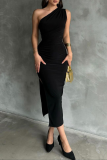 Sexy Oblique Collar Sleeveless Side Slit One Step Skirt Slit Formal Party Evening Bodycon Midi Dresses