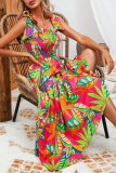 Sexy Floral Print Backless Belted Spaghetti Strap Sleeveless Tie Shoulder Vacation A Line Maxi Slip Dresses