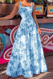 Casual Floral Print Square Neck Sleeveless Cinch Waist Ruffle Tiered Hem Vacation A Line Maxi Slip Dresses