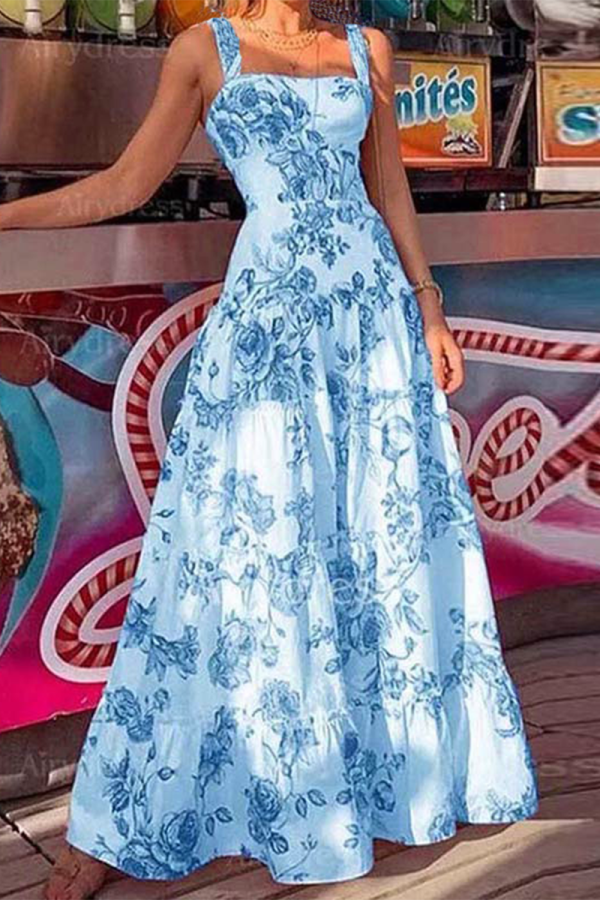 Casual Floral Print Square Neck Sleeveless Cinch Waist Ruffle Tiered Hem Vacation A Line Maxi Slip Dresses