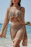Sexy O Neck Long Sleeve Hollow Out See-Through Belted Knitted Crop Tops And Mini Skirt Vacation Beach Two Pieces Dress Sets