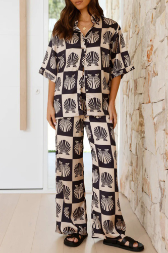 Casual Graphics Print Turndown Collar Half Sleeve Shirt And Wide Leg Pants Vacation Two Pieces Trouser Sets