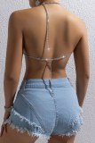Sexy Club Diamond Chain Backless V Neck Spaghetti Strap Hollow Out Irregular Halter Tops