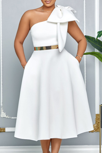 Celebrities Bow Decor Oblique Collar Cinch Waist A Line Formal Party Evening Midi Wedding Guest Dresses