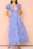 Casual Striped Print V Neck Hubble-Bubble Sleeve Pocket Vacation A Line Maxi Swing Dress