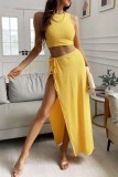 Casual O Neck Sleeveless Tank Crop Tops And Lace Up Side Slit Maxi Skirt Vacation Two Pieces Dress Sets