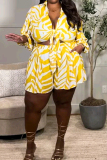 Casual Graphics Print V Neck Long Sleeve Pocket Strap Design Front Tie Crop Tops And Short Vacation Plus Size Two Pieces Matching Sets