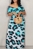 Casual Leopard Print Off Shoulder Short Sleeve Baggy Vacation Maxi T-shirt Dresses