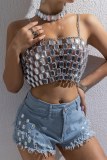 Sexy Club Diamond Decor Backless Spaghetti Strap Hollow Out Chains Cami Crop Tops