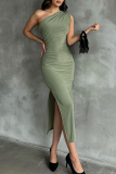 Sexy Oblique Collar Sleeveless Side Slit One Step Skirt Slit Formal Party Evening Bodycon Midi Dresses