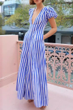 Casual Striped Print V Neck Hubble-Bubble Sleeve Pocket Vacation A Line Maxi Swing Dress