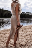 SexyV Neck Sleeveless See-Through Side Slit Vacation Beach Knitted Tank Maxi Dresses