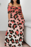 Casual Leopard Print Off Shoulder Short Sleeve Baggy Vacation Maxi T-shirt Dresses