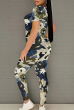 Sportwear Casual Camouflage Print O Neck Short Sleeve Slim Fitted T-shirt And Pants Two Pieces Matching Sets