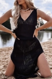 SexyV Neck Sleeveless See-Through Side Slit Vacation Beach Knitted Tank Maxi Dresses