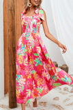 Sexy Floral Print Backless Belted Spaghetti Strap Sleeveless Tie Shoulder Vacation A Line Maxi Slip Dresses