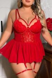 Sexy Lace Hem Hollow Out See-Through Backless Spaghetti Strap Plus Size Two Piece Lingerie