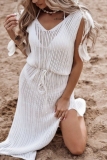 SexyV Neck Sleeveless See-Through Side Slit Vacation Beach Knitted Tank Maxi Dresses