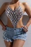 Sexy Club Diamond Chain Backless V Neck Spaghetti Strap Hollow Out Irregular Halter Tops