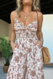 Casual Floral Print Backless Spaghetti Strap Vacation Wide Leg Cami Jumpsuits