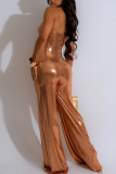 Black Sleeveless Backless Strapless O-Ring Cutout Prom Party Metallic Tube Top Wide Leg Jumpsuit