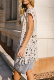 Crochet Sleeveless Hollow Out Fringed Hem Vacation Vest Long Cardigan Top
