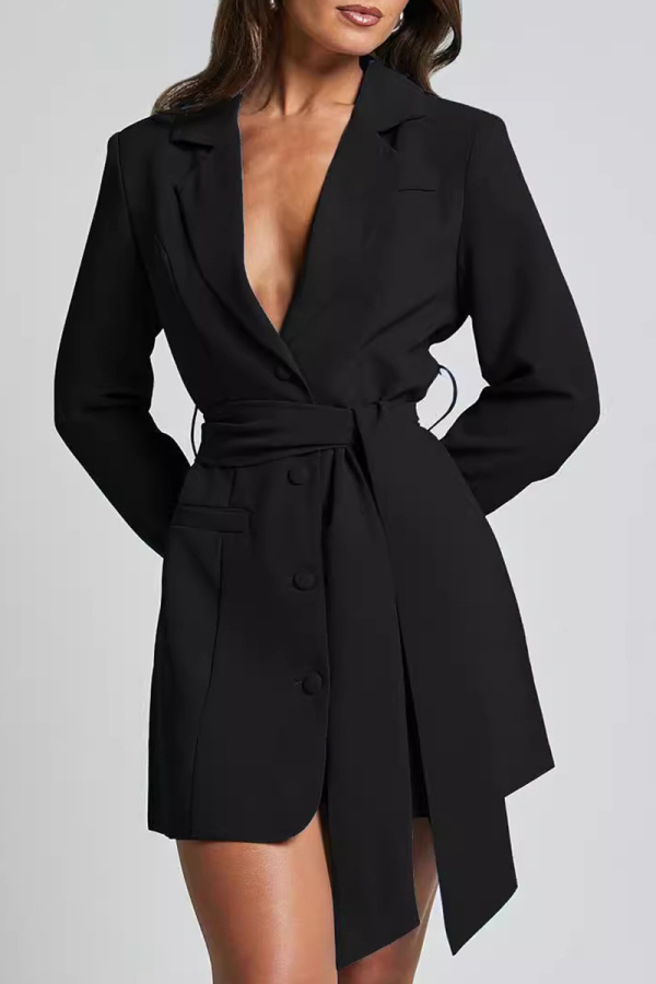 Formal Deep V Neck Long Sleeve Turn-back Collar Lace Up Buttons Blazer Jacket
