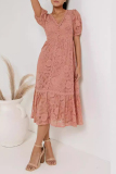 Flower Lace Deep V Neck Short Sleeve Hollow Out Buttons A Line Formal Party Pleated Midi Dress