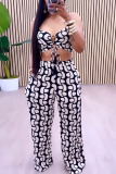 Graphic Print Sleeveless Spaghetti Strap Hollow Out Crop Top and Wide Leg Pant Vacation Bra Pant Set