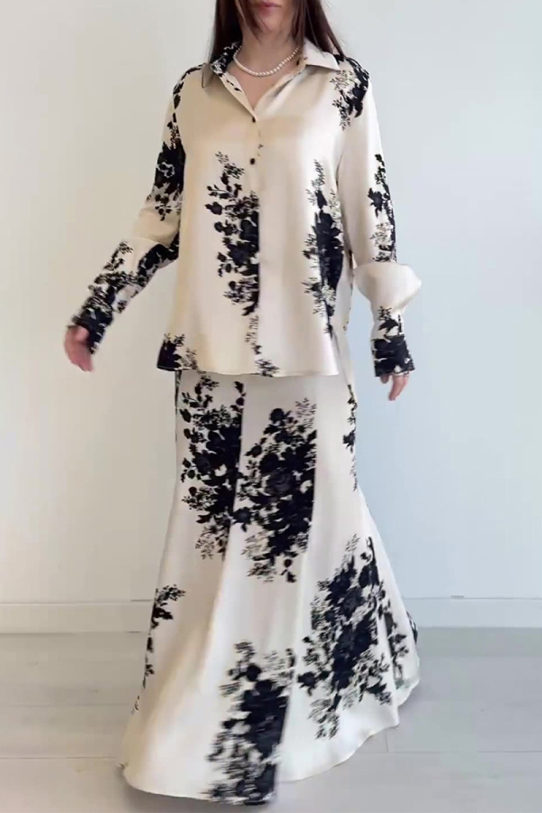 Formal Flowers Print Turndown Collar Long Sleeve Shirt and Maxi Skirt Business Vacation Two Piece Dress