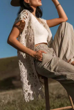 Crochet Sleeveless Hollow Out Fringed Hem Vacation Vest Long Cardigan Top