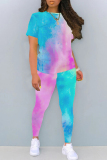 Casual Ombre Print O Neck Short Sleeve T Shirt and Pant Set Outdoor Sportwear Matching Sweatsuit Set