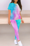 Casual Ombre Print O Neck Short Sleeve T Shirt and Pant Set Outdoor Sportwear Matching Sweatsuit Set