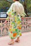 Floral Print Lantern Sleeve Lace Up Front Slit Vacation Shirt Maxi Dress