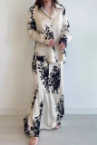 Formal Flowers Print Turndown Collar Long Sleeve Shirt and Maxi Skirt Business Vacation Two Piece Dress