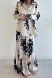 Formal Flowers Print Turndown Collar Long Sleeve Shirt and Maxi Skirt Business Vacation Two Piece Dress